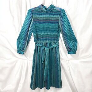 Vintage 80s Marinette Dress 14 Mock Neck Smocked Long Puffy Sleeve Sheer Striped